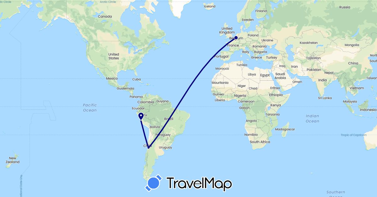 TravelMap itinerary: driving in Belgium, Chile, Peru (Europe, South America)
